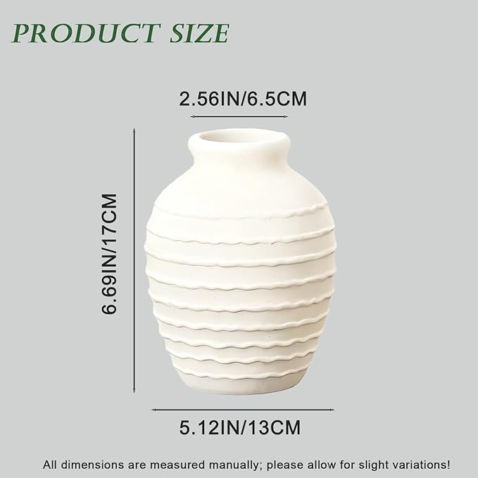 Ceramic Vase, 6.7 inch Ribbed Textured Minimalist Rustic Farmhouse Terracotta Vase for Home Decor, Table, Living Room, Entryway, Shelf, Mantel Decoration (Rice White)
