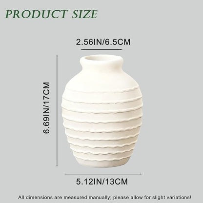 Ceramic Vase, 6.7 inch Ribbed Textured Minimalist Rustic Farmhouse Terracotta Vase for Home Decor, Table, Living Room, Entryway, Shelf, Mantel Decoration (Rice White)