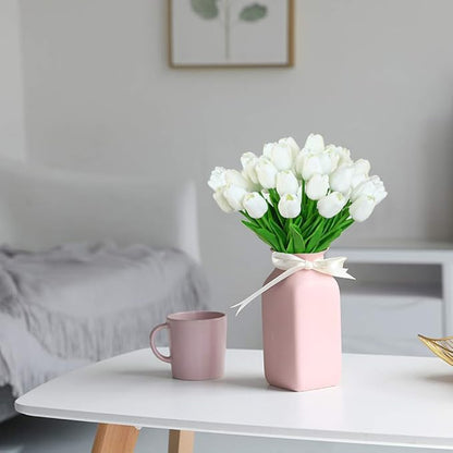 30 Pcs Fake Latex Tulips Artificial Flowers Faux Tulip Stems Real Touch Tulips for Wedding Party Home Easter Decoration (White)