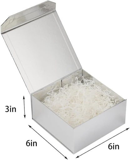 1 Pcs 6x6x3 Inch Silver Magnetic Gift Box with Crinkle Paper Silver Small Gift Box with Shredded Paper Luxury Gift Boxes with Lids for Presents