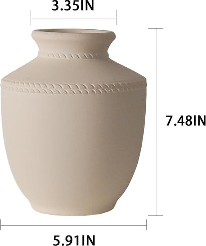 Farmhouse Ceramic Vase for Living Room Bedroom White 7.45'' Flower Bouquet Vase for Fake Plant Home Decor Office Fireplace Centerpieces Rustic Retro Vintage Modern Gift Decoration