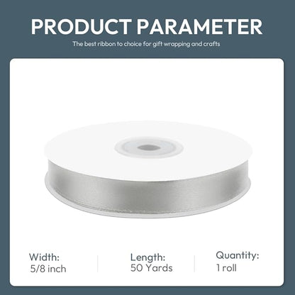 KMER LIFE 5/8" Wide x 50 Yards Silvery Single Faced Polyester Satin Ribbon, Silvery Satin Ribbon Perfect for Wedding Decor, Wreath, Crafts, Gift Wrapping & Other Projects (Silvery)