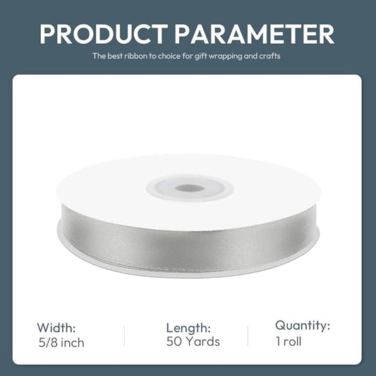 KMER LIFE 5/8" Wide x 50 Yards Silvery Single Faced Polyester Satin Ribbon, Silvery Satin Ribbon Perfect for Wedding Decor, Wreath, Crafts, Gift Wrapping & Other Projects (Silvery)