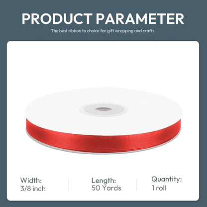 KMER LIFE 3/8" Wide x 50 Yards Red Single Faced Polyester Satin Ribbon - Perfect for Wedding Decor, Wreaths, Crafts, Gift Wrapping & Other Projects