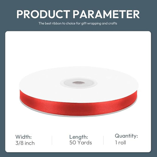 KMER LIFE 3/8" Wide x 50 Yards Red Single Faced Polyester Satin Ribbon - Perfect for Wedding Decor, Wreaths, Crafts, Gift Wrapping & Other Projects