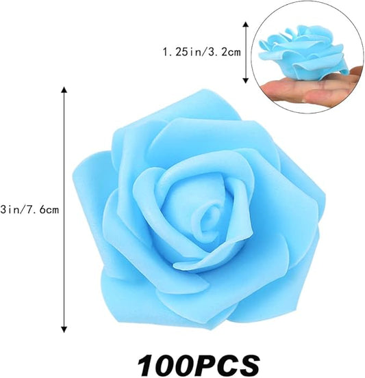 IPOPU Artificial Rose Flower Heads, 100 Pcs Real Looking Sky Blue Foam Fake Roses for DIY Wedding Baby Shower Centerpieces Arrangements Party Tables Home Decorations (Sky Blue, Stemless)