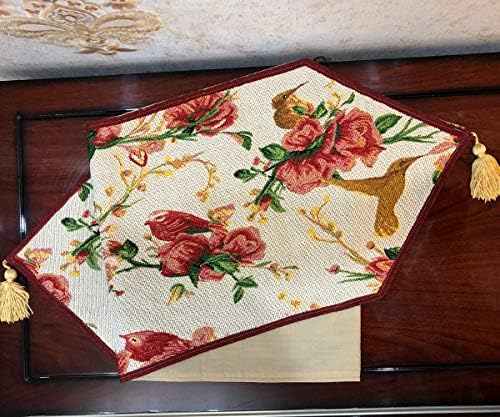 Tache Floral Red Roses Birds Ivory Woven Table Runner - Vintage Tapestry Kitchen Dining Dinner Linens Cloth - 13 x 90 inches