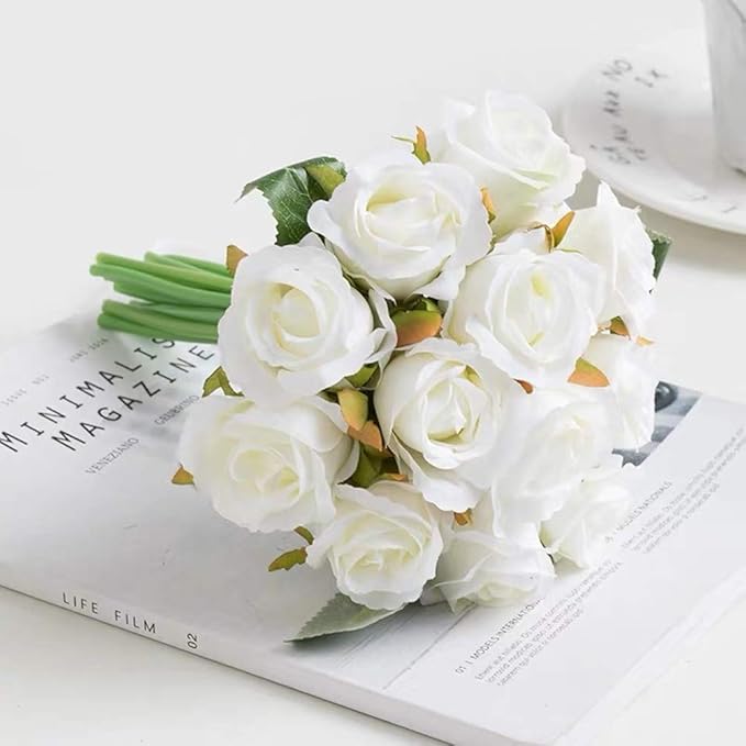 Jasion Artificial Roses Flowers Silk 12pcs DIY Bouquet for Home Office Parties Table Centerpieces Bridal Wedding Decoration Without Vase (Spring White)
