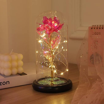 Eternal Glass Rose in Display Dome | Glass Flower with Colorful Base, A Perfect Romantic Gift for Valentine's Day, Mother's Day, Birthday & Christmas for Her