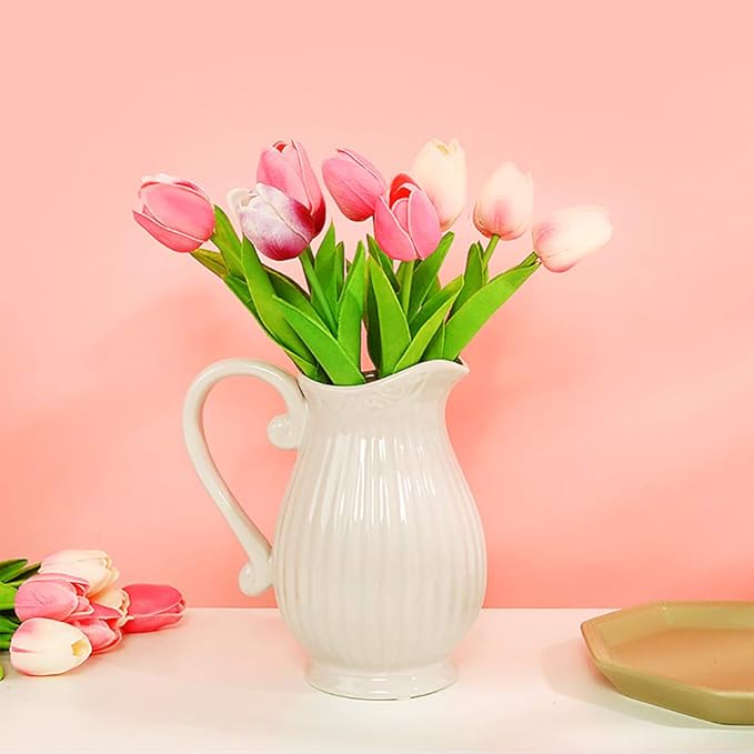 IPOPU Pink Tulips Artificial Flowers 24PCS Real Touch Tulips Flowers Fake Pink Tulips Faux Flowers for Home Decoration Wedding Bouquet Party Baby Shower Centerpieces Bridal Bouquet Decor