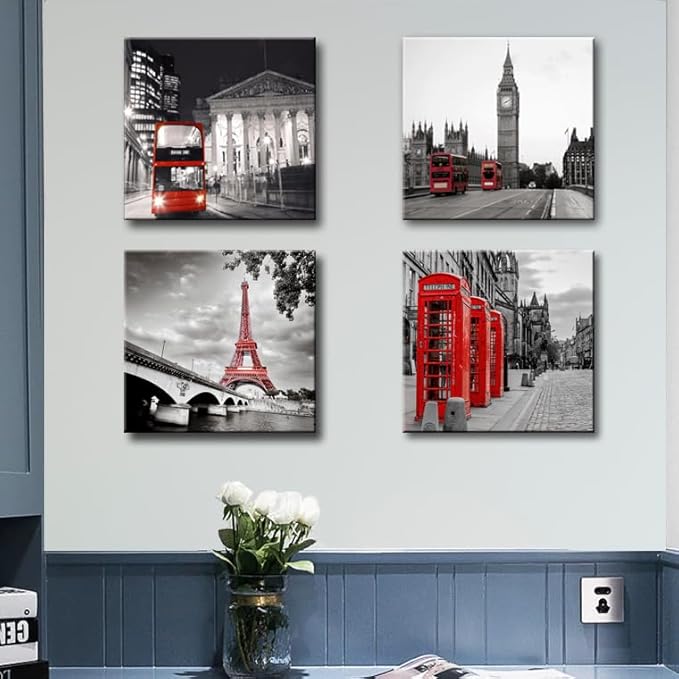 Black and White City Landscape Wall Art for Bedroom Red Street Scenery Canvas Decor for Bathroom Paris Eiffel Tower Pictures Prints London Big Ben Artwork Poster for Living Room Office Decoration