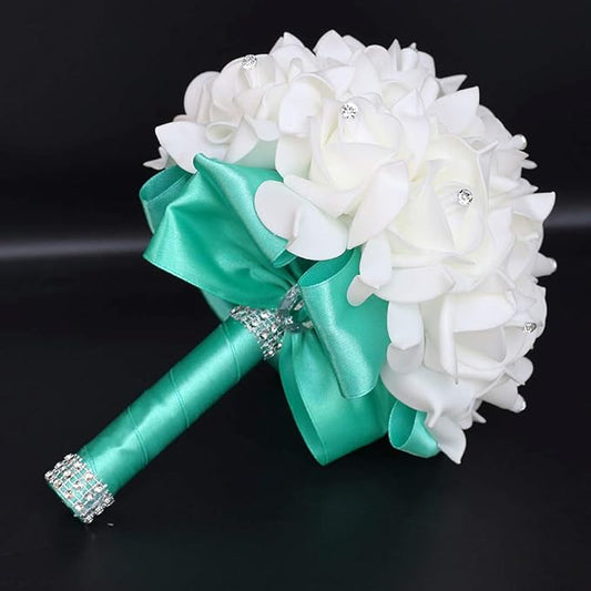 Wedding Bouquet, Green Bouquet for Bride Bridesmaid with Diamond Soft Ribbons, Artificial Rose Bridal Holding Flowers for Party Church