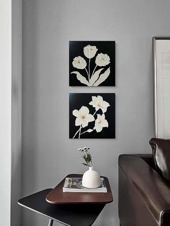 YaSheng Art-Wall Art for Living Room 100% Hand-Painted Flower Oil Painting On Canvas Black and White Thick Texture Minimalist modern Art Gallery Wrapped Framed Floral tulip Blossom Artwork for Home Bedroom 24x24inch