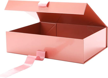 GREEN BEAN Large Gift Box with Lid for Presents 13x9.7x3.4 Inches, Gift Box Rose Gold Magnetic with Ribbon, Bridesmaid Proposal Box Luxury (Glossy Rose Gold)