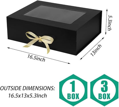 3 Pcs Black Extra Large Gift Box for Presents with Ribbon 16.5x13x5.3 Inches Clear Gift Box with Window Magnetic Closure Gift Boxes with Lids