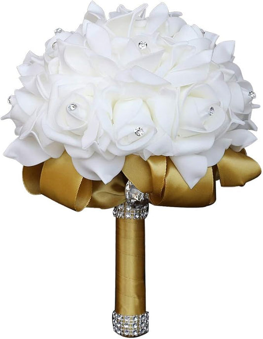 Wedding Bouquet, Gold Bouquet for Bride Bridesmaid with Diamond Soft Ribbons, Artificial Rose Bridal Holding Flowers for Party Church