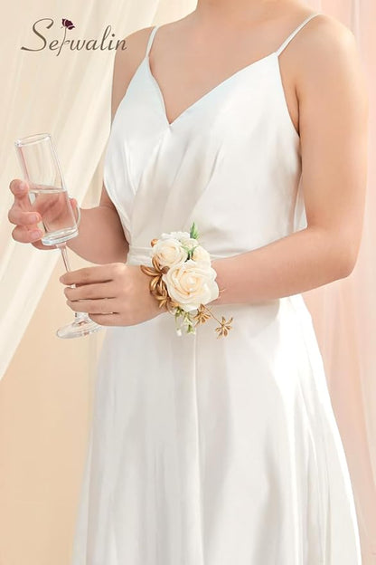 Serwalin 2 Pcs Champagne Wrist Corsage for Wedding, Corsages Wristlet for Bridesmaid Mother Grandmother, Artificial Flowers for Prom Ceremony Anniversary
