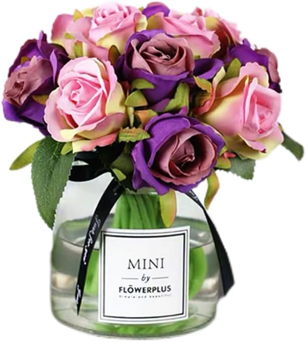 Jasion Artificial Roses Flowers 12 Heads Arrangement Silk Bouquet for Home Office Parties Bridal and Wedding Decoration Without Vase (Purple)