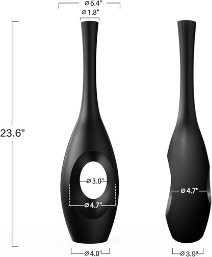 23.6" Black Floor Vase – Donut-Shaped Oval Body with Slim 3cm Neck, Modern Tall Decorative Vases for Living Room, Entryway, Office Decor – Resin Tall Floor Vase