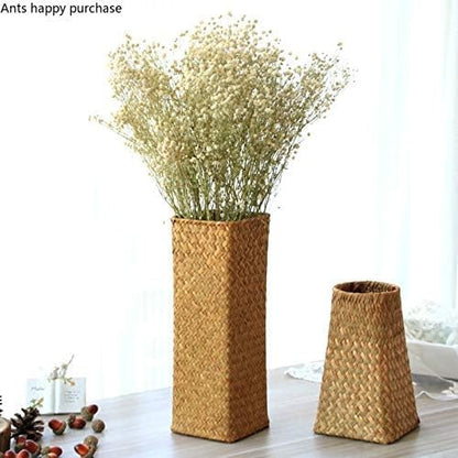 Natural Seaweed Weave Basket Pastoral Rattan Vase Bamboo Weaving Room Flower Arranger Gypsophila Dried Flower Vase Decoration (B)