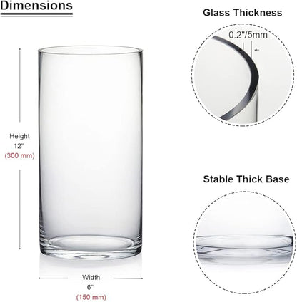 Enova Floral Cylinder Glass Vase - 6 x 12 Inches Round Large Flower Vase, Tall Pillar Candle Holder for Floating Candles and Flowers, Wedding Centerpiece (1 Piece)