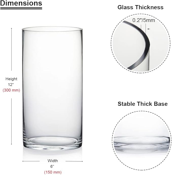 Enova Floral Clear Glass Flower Vase, 6W x 12H Inches Cylinder Vase, Pillar Candle Floating Candle Holders, Tall Cylinder Glass Vase for Flowers, Round Glass Vase for Home Decor, Wedding (Pack 4)