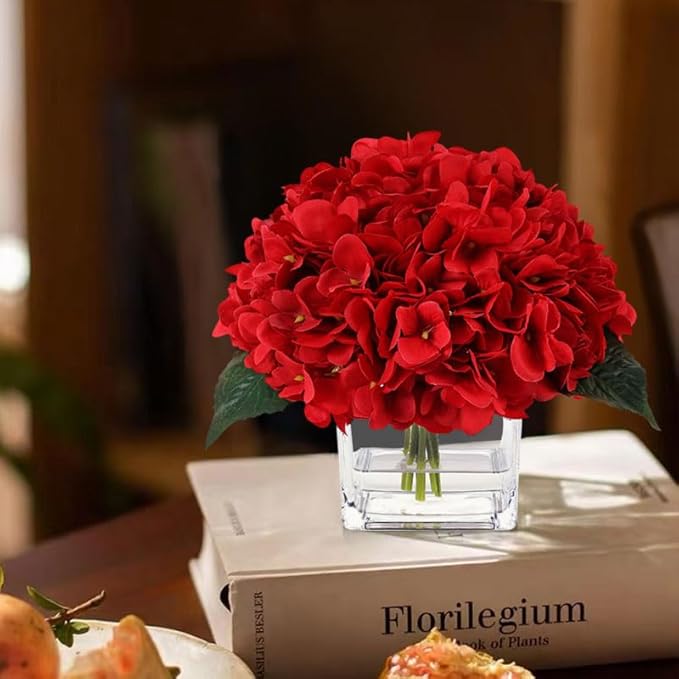 Faux Hydrangea Flowers in Vase, Silk Flowers in Vase with Fake Water for Home Decor Indoor (Red)