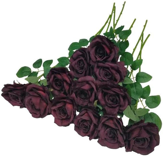 ATFL Burgundy Roses,12 Pcs Burgundy Artificial Flowers,Flower Diameter 4'',Autumn Silk Floral Fake Roses with Stems for Wedding Arrangement Centerpieces Party Home Table Decorations