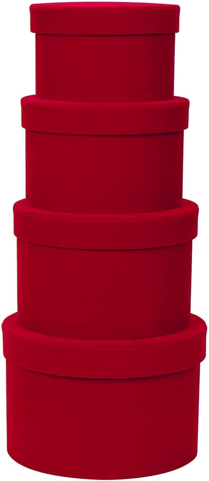 GnFlus Red Gift Boxes with Lids for Presents Set of 4 Round Velvet Nesting Christmas Gifts Box for Arrangements Flowers Wedding Birthday Valentines Bridesmaid Party Anniversary
