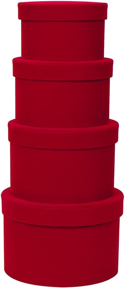 GnFlus Red Gift Boxes with Lids for Presents Set of 4 Round Velvet Nesting Christmas Gifts Box for Arrangements Flowers Wedding Birthday Valentines Bridesmaid Party Anniversary