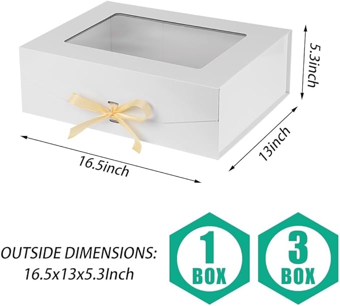 White Extra Large Gift Box for Presents with Ribbon 16.5x13x5.3 Inches Clear Gift Box with Window Magnetic Closure Gift Boxes with Lids