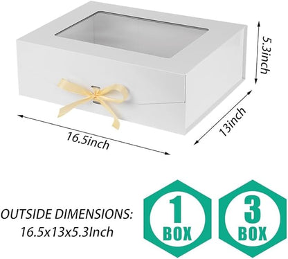 3 Pcs White Extra Large Gift Box for Presents with Ribbon 16.5x13x5.3 Inches Clear Gift Box with Window Magnetic Closure Gift Boxes with Lids