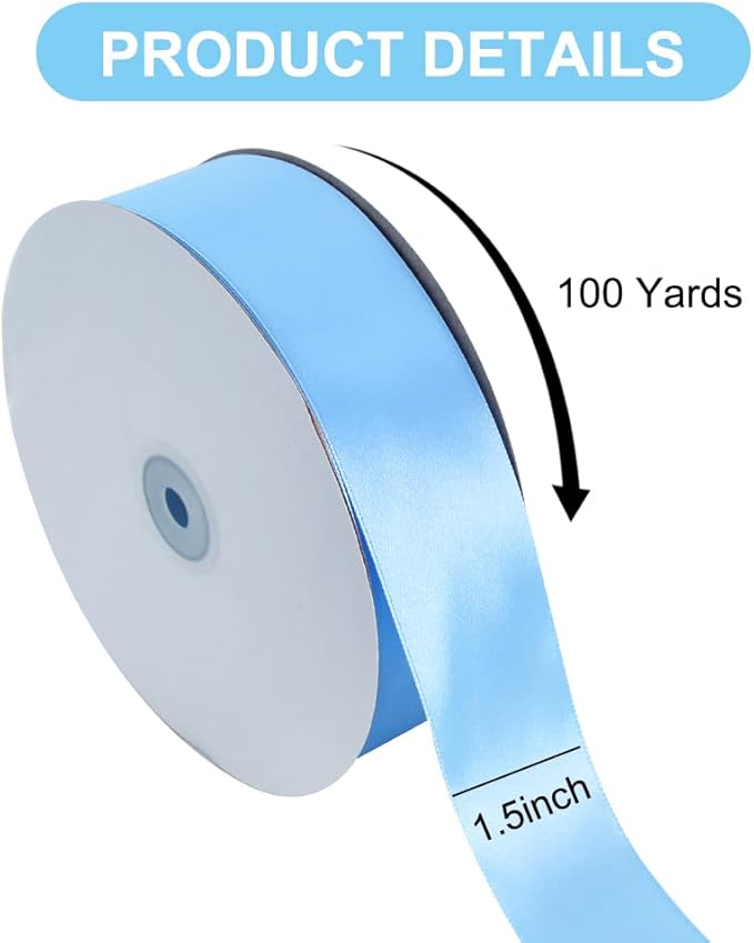 TONIFUL 1-1/2 Inch (40mm) x 100 Yards Sky Blue Wide Satin Ribbon Solid Fabric Ribbon for Gift Wrapping Chair Sash Valentine's Day Wedding Birthday Party Decoration Hair Floral Craft Sewing
