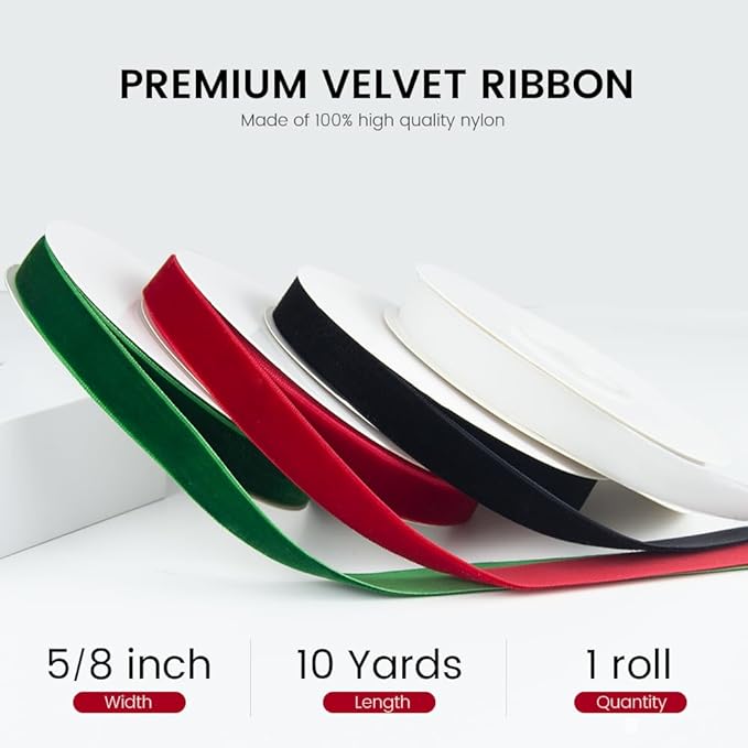 5/8" Wide x 10 Yards Velvet Ribbon, Vintage Single Face Velvet Ribbons for Gift Wrapping, Christmas Wrapping Bows, Wedding Decor, Sewing and More (Black)