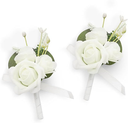 TINGE TIME 2PCS Boutonniere for Men, Groom and Groomsmen Boutonniere for Wedding, Prom, Homecoming, Anniversary, Graduation(White)