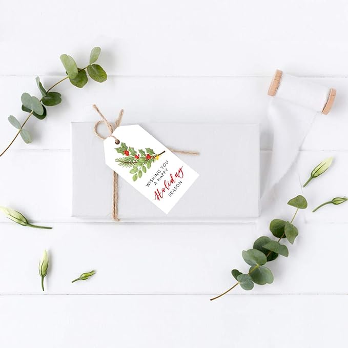 Andaz Press Christmas Holiday Season Classic Gift Tags, Happy Holidays to from and Wishing You A Happy Holiday Season, Winter Holiday Branch Design, for Holiday Events, Parties, and Favors, 60-Pack