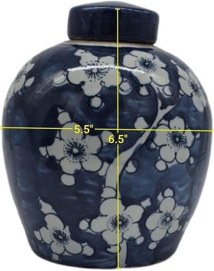Retro Antique Like Style Blue and White Porcelain Blue Cherry Blossom Plum Flower Ceramic Covered Jar Vase, China Ming Style, Jingdezhen (LJ4)