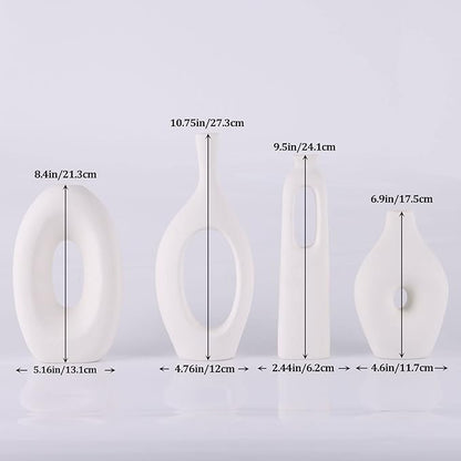 White Ceramic Vase Set of 4 - Round Hollow Boho Vases for Pampas Grass and Flowers Decor, Modern Minimalist Small Vases for Living Room, Bedroom, Fireplace, Coffee Table Decor and Centerpieces