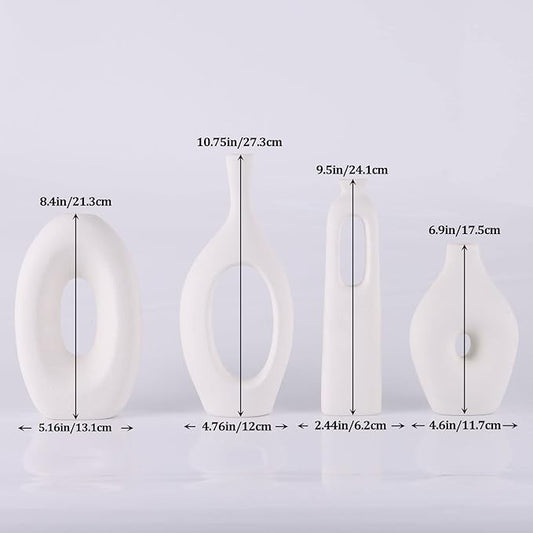 White Ceramic Vase Set of 4 - Round Hollow Boho Vases for Pampas Grass and Flowers Decor, Modern Minimalist Small Vases for Living Room, Bedroom, Fireplace, Coffee Table Decor and Centerpieces