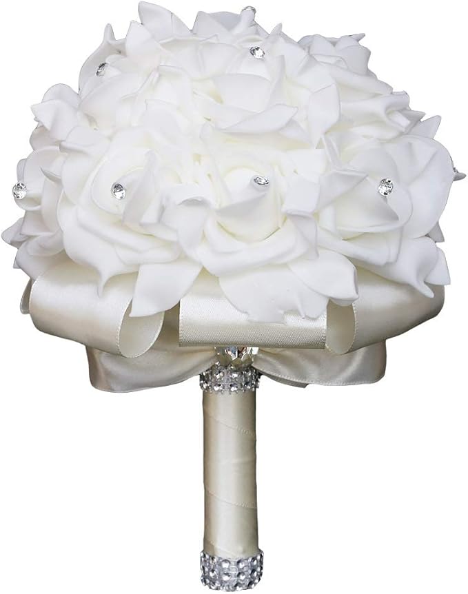 Wedding Bouquet, Creamy Bouquet for Bride Bridesmaid with Diamond Soft Ribbons, Artificial Rose Bridal Holding Flowers for Party Church