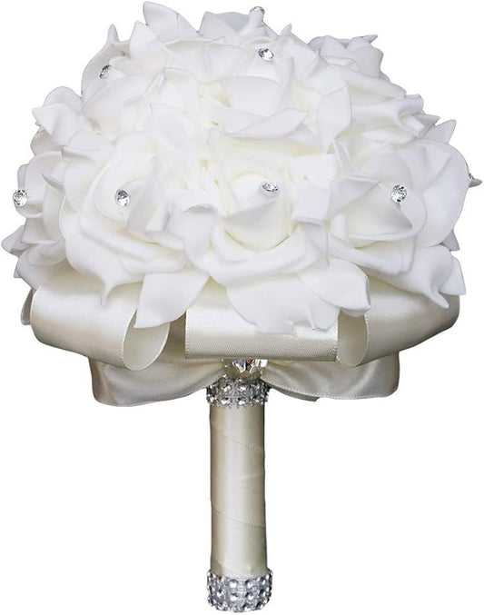 Wedding Bouquet, Creamy Bouquet for Bride Bridesmaid with Diamond Soft Ribbons, Artificial Rose Bridal Holding Flowers for Party Church