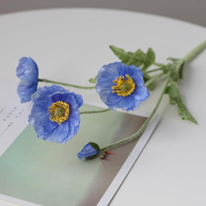 Set of 6 Poppies Flowers Artificial, Real Touch Silk Flowers with Long Stems for Vase, Realistic Faux Wildflowers Arrangement for Home Office Farmhouse Wedding Party Indoor Decor (Dark Blue)