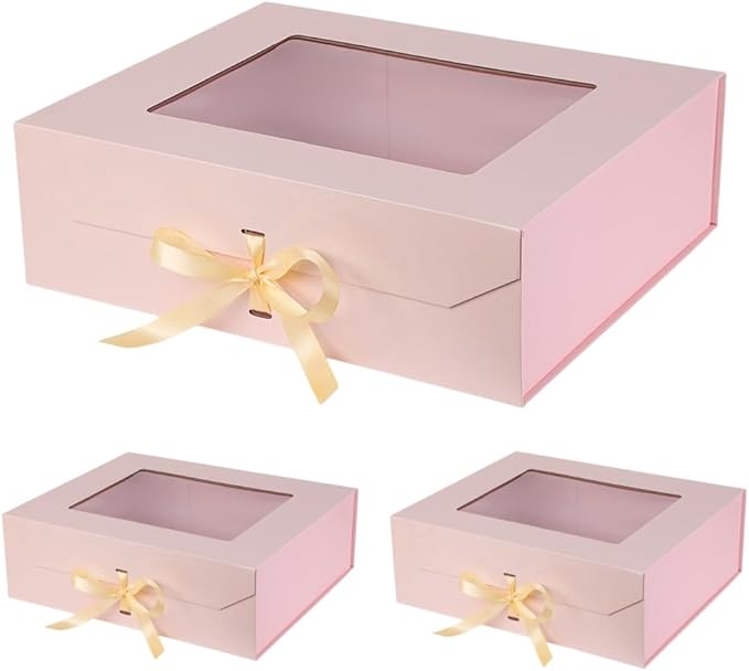 3 Pcs Extra Large Pink Gift Box for Presents with Ribbon 19x16x6 Inches Clear Gift Box with Window Magnetic Closure Gift Boxes with Lids