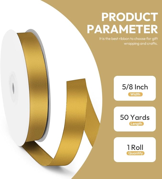 5/8" x 50 Yards Satin Ribbon - Gold Silk Ribbon with Spool - Ideal for Gift Wrapping, Floral Bouquets, Crafts, Wedding Party Decorations, Christmas and Sewing Projects