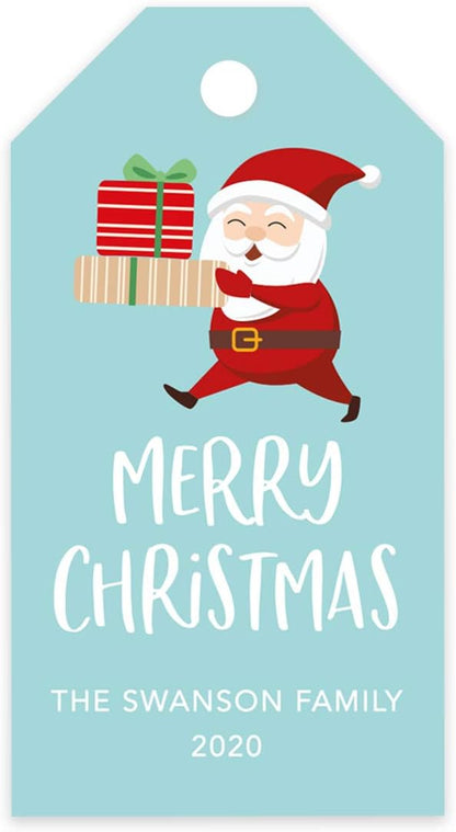 Andaz Press Personalized Christmas Holiday Season Classic Gift Tags, Merry Christmas Custom Family Name and Year, Santa Claus Carrying Presents Design, For Holiday Events, Parties, and Favors, 60-Pack