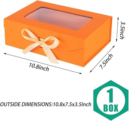 5 Pcs Orange Gift Box for Presents with Ribbon 10.8x7.5x3.5 Inches Clear Gift Box with Window Magnetic Closure Gift Boxes with Lids