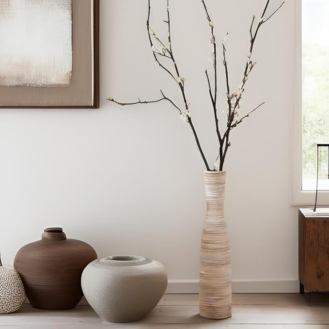 ALMA 16" Tall Floor Vase for Pampas Grass,White Brown Ceramic Centerpiece for Dresser, Skinny Pampas Grass Vessel for Floor, Entryway Table, Fireplace Decor
