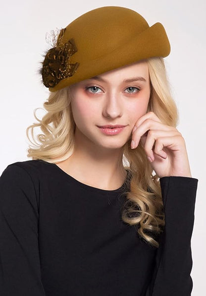ORIDOOR Women Vintage 100% Wool Felt Flowers Bucket Cloche Bowler Hat Church Wedding Beret Hat