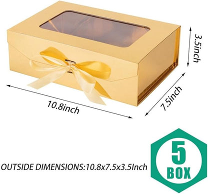 5 Pcs Gold Gift Box for Presents with Ribbon 10.8x7.5x3.5 Inches Clear Gift Box with Window Magnetic Closure Gift Boxes with Lids