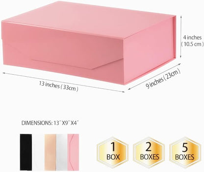 2 Pink Large Gift Boxes with Lid 13x9x4 Inches, Bridesmaid Proposal Boxes, Hard Collapsible Gift Box with Magnetic Closure, Groomsman Box Reusable Gift Box for Cloth (Glossy Pink)